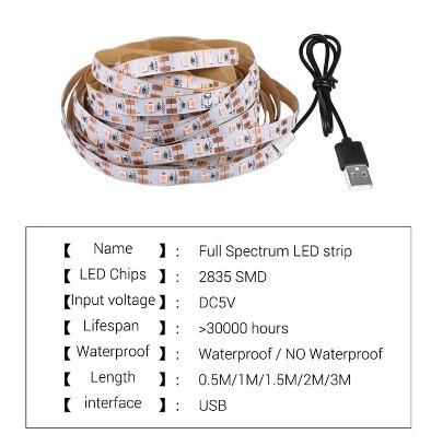 LED-фітострічка, фітолампа Full Spectrum USB 180 LED IP65 3 метри