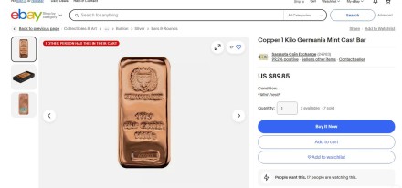 Слиток міді 1 кг, 999,9 Germania Mint. Серія, номер.  Голограма