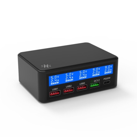 Швидкий зарядний пристрій 65W 5 port  USB Quick Charge Station QC3.0 PD LED экран  для планшетів і смартф