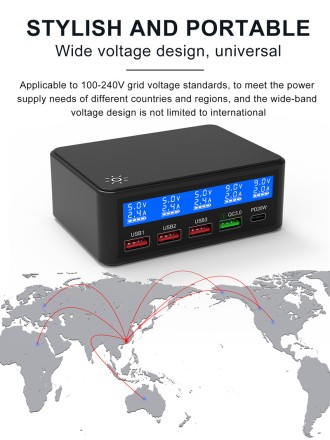 Швидкий зарядний пристрій 65W 5 port  USB Quick Charge Station QC3.0 PD LED экран  для планшетів і смартф