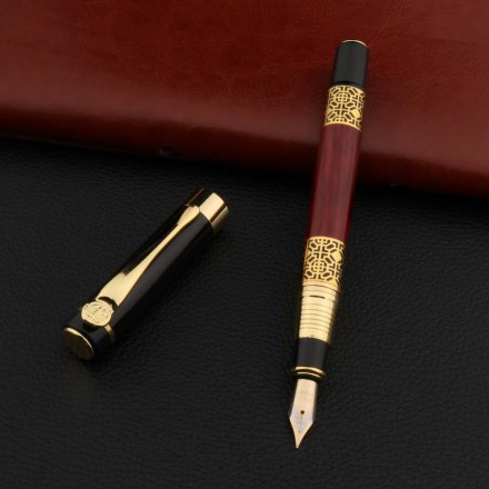 Перова чорнильна ручка "Carving Mahogany Luxury", відкрите перо "Genius Iridium",  різь, позолота, метал