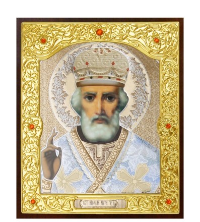 Ікона в обкладі, риза, дерев'яний кіот на підставці "Святий Микола — диво". Оригінальна робота. Позолот