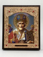 Ікона в обкладі, риза, дерев'яний кіот на підставці "Святий Микола — диво". Оригінальна робота. Позолот