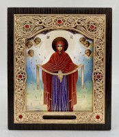 Ікона в обкладі, риза, дерев'яний кіот на підставці "Ікона Покрову Пресвятої Богородиці". Оригінальна робота.