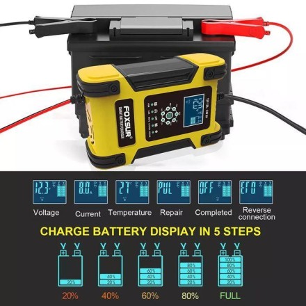 Потужний акумуляторний зарядний пристрій автомат FOXSUR 12 Ампер 12-24 для будь-якого типу акумуляторів АКБ