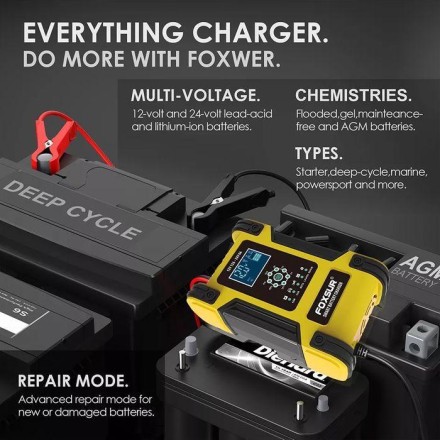 Потужний акумуляторний зарядний пристрій автомат FOXSUR 12 Ампер 12-24 для будь-якого типу акумуляторів АКБ