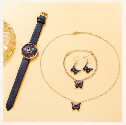 Подарунковий набір для жінок 5 в 1: розкішний годинник "Butterfly", браслет, сережки, кулон із ланцюжком