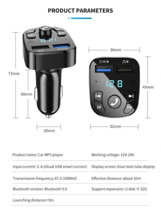 FM трансмітер F57 BL, MP3 Player, Автомобільна швидка зарядка, 3,1А QС 3.0  2 USB Bluetooth 5.0 Вольтметр