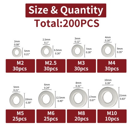 Набір із 200 шт. плоских шайб із неіржавкої сталі 304 (M2 M2.5 M3 M4 M5 M6 M8 M10 M12). В органайзері.