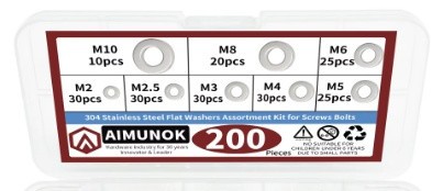 Набір із 200 шт. плоских шайб із неіржавкої сталі 304 (M2 M2.5 M3 M4 M5 M6 M8 M10 M12). В органайзері.