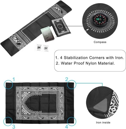 Молітвенний килимок, портативний плетений килимки,їнський принт, з компасом у сумці 60х100. Чорний