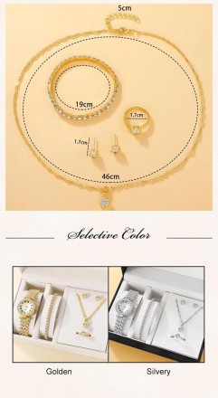 Подарунковий набір для жінок 6 в 1: розкішний годинник "Femino Gold", браслет, сережки, кулон із ланцюжком, кільце