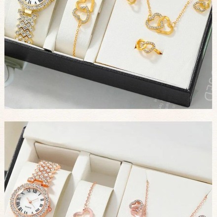 Подарунковий набір для жінок 6 в 1: розкішний годинник "Femino Gold", браслет, сережки, кулон із ланцюжком, кільце