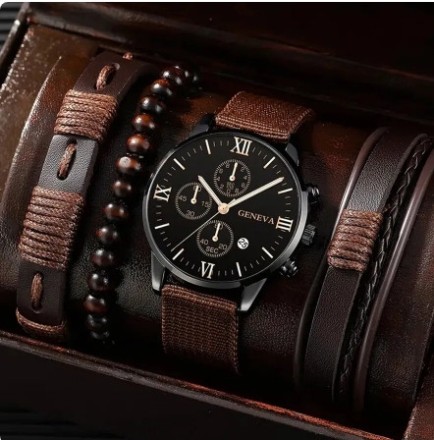 Модний подарунковий набір для чоловіків 4 в 1: розкішний чоловічий годинник "Geneva" і три шкіряні браслети