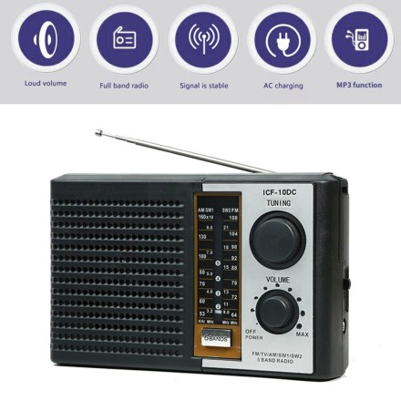 5 діапазонний радіоприймач.TV/FM/AM/SW World Receiver S5 Bands Radio. Sonikasi Model ICF-10DC