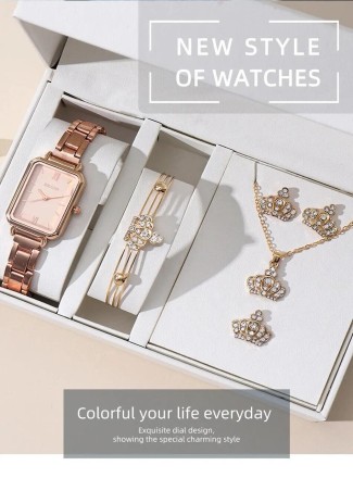 Подарунковий набір для жінок 6 в 1: розкішний годинник "Crown", браслет, сережки, кулон із ланцюжком, кільце