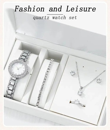 Подарунковий набір для жінок 6 в 1: розкішний годинник "Crown", браслет, сережки, кулон із ланцюжком, кільце