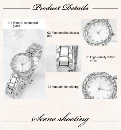 Подарунковий набір для жінок 6 в 1: розкішний годинник "Crown", браслет, сережки, кулон із ланцюжком, кільце