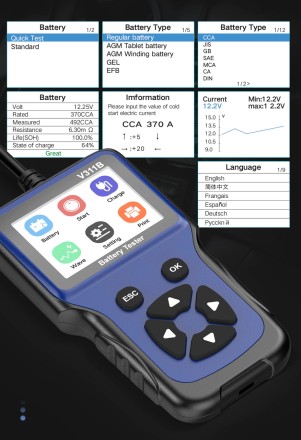 Професійний тестер для АКБ і генератора аналізатор V311B, кольоровий екран, меню російською