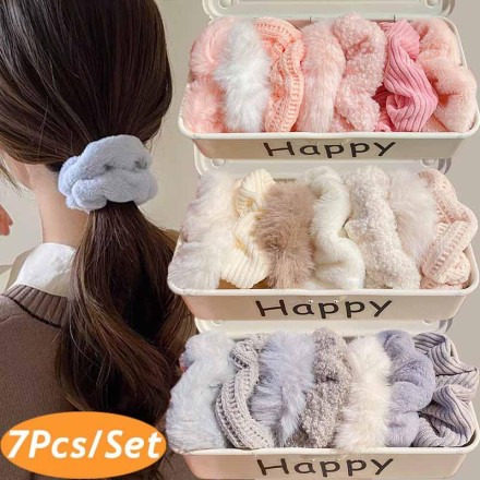 Шпилька гумка для волосся Furry Elastic м'яка, еластична, пухнаста (набір колекція 7 шт.)