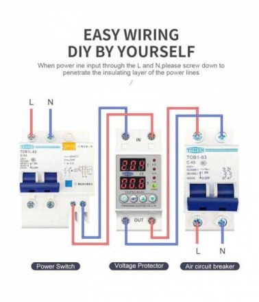 Реле захисту напруги мережі. Обмежувач струму. TOMZN TOVPD1-40-EC на DIN