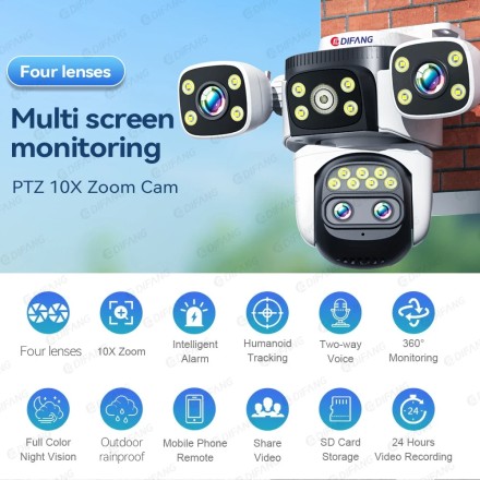 Видеокамера 10K Wireless CCTV Camera Outdoor Four Lens Four Screen Video Surveillance 10X Optical Zoom Smart H