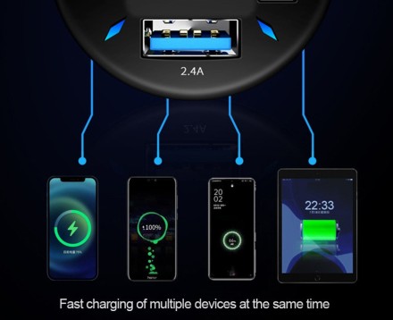 Автомобільна швидка зарядка в прикурювач із вольтметром, 40W 4,8 А, 5V, 2 порти