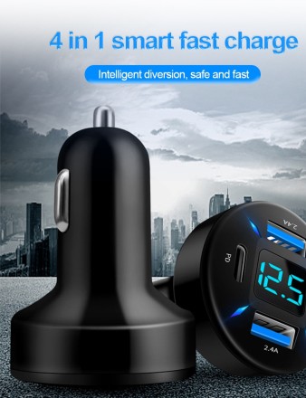 Автомобільна швидка зарядка в прикурювач із вольтметром, 40W 4,8 А, 5V, 2 порти