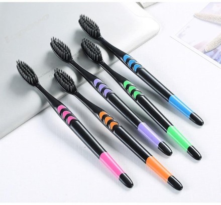 Зубна щітка з бамбукового вугілля, середня м'яка, дерев'яна ручка, набір 10 шт.