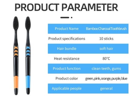 Зубна щітка з бамбукового вугілля, середня м'яка, дерев'яна ручка, набір 10 шт.