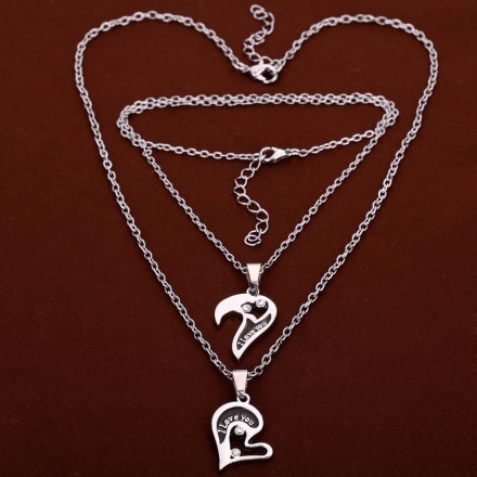 Парные кулоны сердце для влюбленных. Гравировка "I Love you". Цвет серебро и титан.