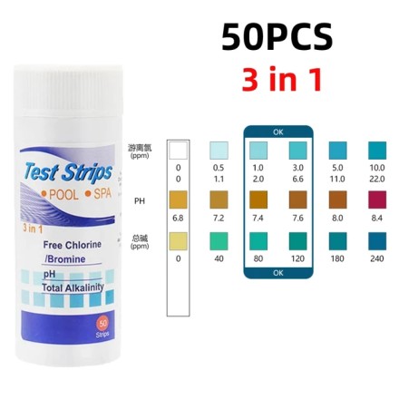 Тестові смужки для басейну, тест-смужки "3" на хлор/PH/бром для тестування води в басейні. 50 штук