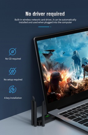 WIFI антена з адаптером USB 1200 Мбіт/с Wi-Fi USB-адаптер дводіапазонний 2.4G+5Ghz Dongle 4. 802.11AC USB3.0