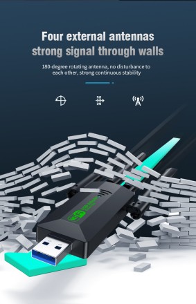 WIFI антена з адаптером USB 1200 Мбіт/с Wi-Fi USB-адаптер дводіапазонний 2.4G+5Ghz Dongle 4. 802.11AC USB3.0