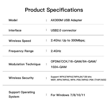WIFI антена FENVI WIFI 6 USB адаптер AX286 мережева карта Dongle 2.4GHz 802.11AX 300Mbps. Посилена, 22 см.
