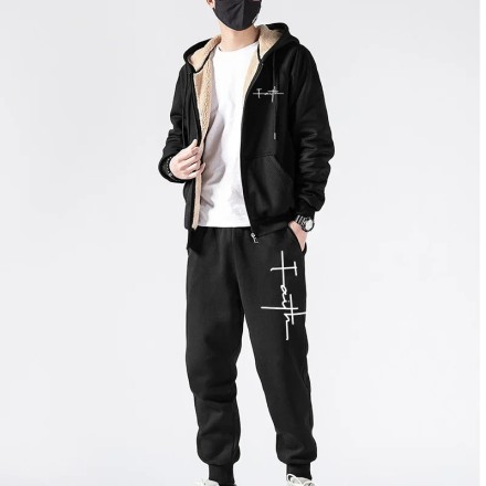 Спортивний костюм  зимовий кашеміровий із капюшоном, повсякденна утеплена тепла толстовка + штани, чорний