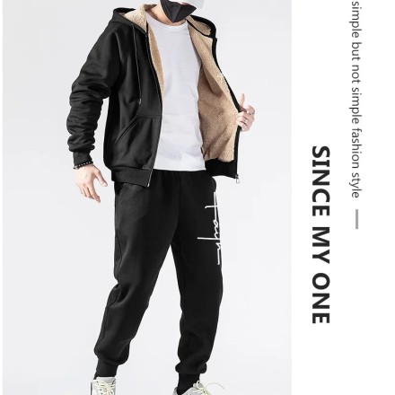 Спортивний костюм  зимовий кашеміровий із капюшоном, повсякденна утеплена тепла толстовка + штани, чорний