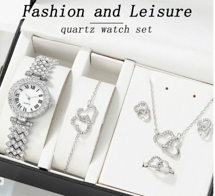 Подарунковий набір для жінок 6 в 1: розкішний годинник "Montre Femme", браслет, сережки, кільце, кулон із ланцюжком