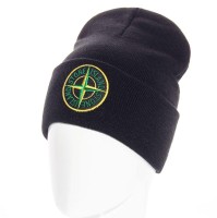 Шапка лопата Stone Island, чорна, із заворотом, подвійна, унісекс