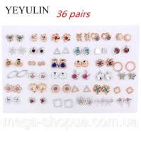 Ювелірний набір біжутерії "Модні сережки-цвяшки" золото/срібло, каміння 36 пар/МЕГАлот