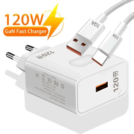 Швидкий зарядний пристрій мережевий GaN 120 W з кабелем швидкого заряджання 2 в 1