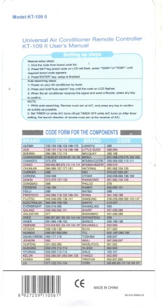 Універсальний пульт дистанційного керування KT109II для кондиціонера 1000 в 1