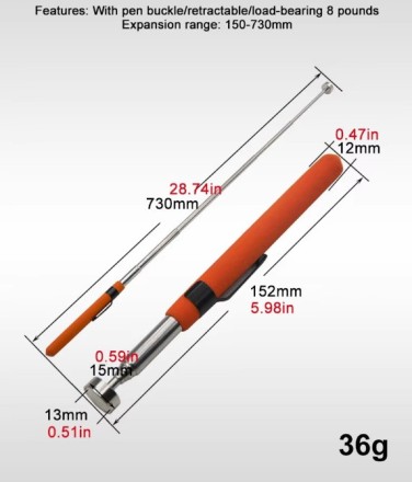Магнітний висувний захват, присосок, телескопічний екстрактор ручка-стрижень "Orange Capture" 155-730 мм