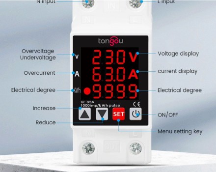 Автоматичне реле напруги TONGOU Electric, 2P, 63A, EAPDX-63VAE-RGB на DIN-рейку 400V. 3 в 1