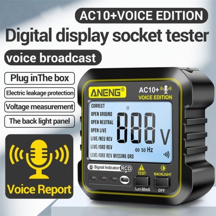 Тестер напруги AC10+ Socket Tester Voltage Line Tester LCD Display Voice ПЗО 30 мА