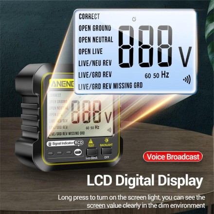 Тестер напруги AC10+ Socket Tester Voltage Line Tester LCD Display Voice ПЗО 30 мА
