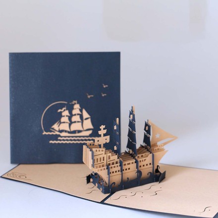 Листівка вітальня. 3D у стилі Оригамі Танабата, "Фрегат Korsar" тривимірний подарунок ручної роботи.