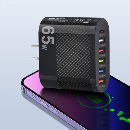Швидкий зарядний пристрій мережевий 65 W 6 в 1 (5 USB A + 1 USB C)