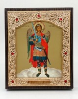 Ікона в обкладі, риза, дерев'яний прямий кіот на підставці "Святий Архангел Михайло". Оригінальна робота. Позол