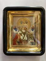 Ікона в кіоті на підставці "Святий Микола – диво". Оригінальна робота. Позолочена рамочка.